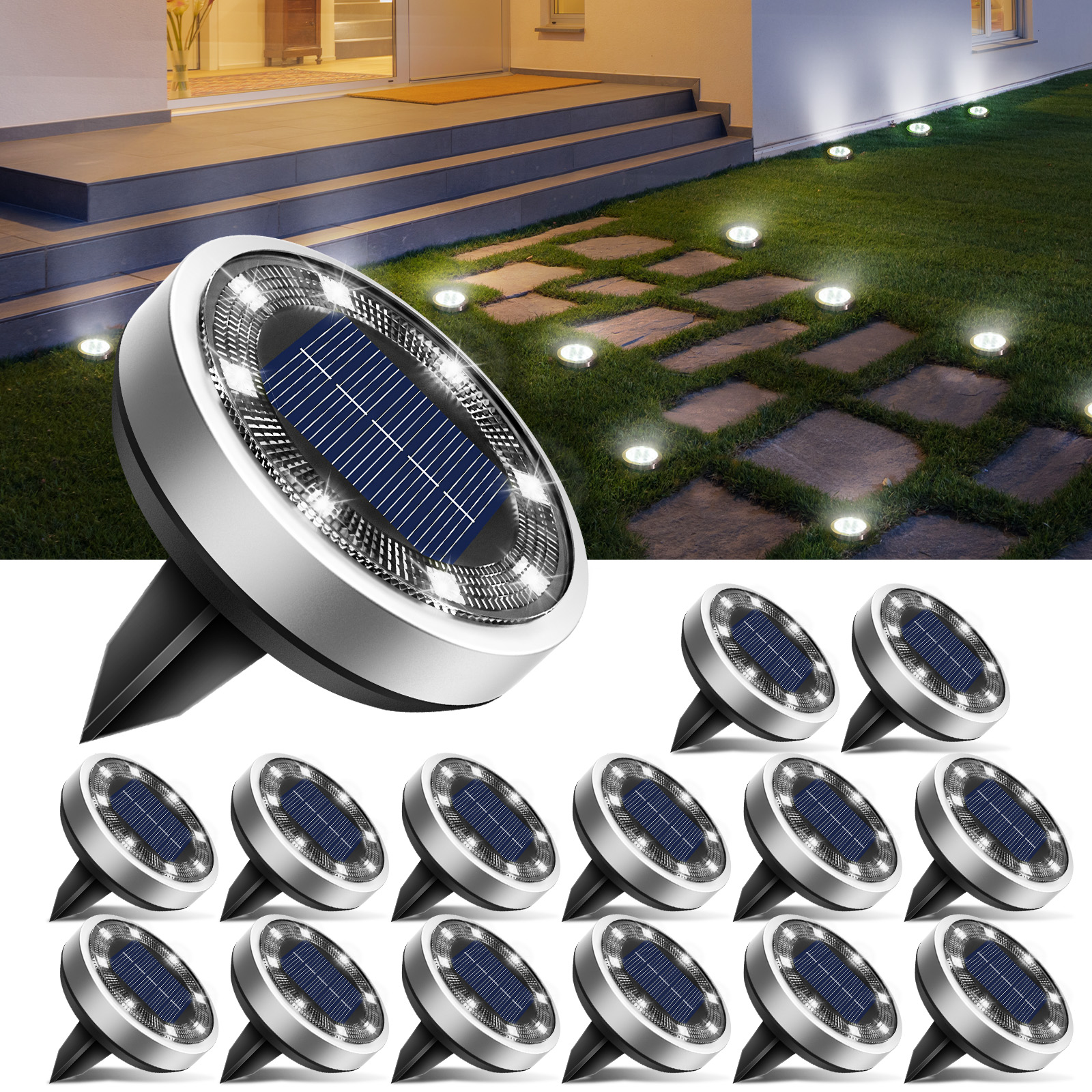 btfarm 16 Pack Solar Lights Outdoor Waterproof, 8 LED Solar Ground Lights